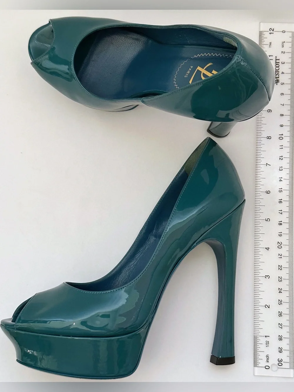 Yves Saint Laurent YSL Vintage Palais Patent Platform Peep Toe Pumps Teal 38